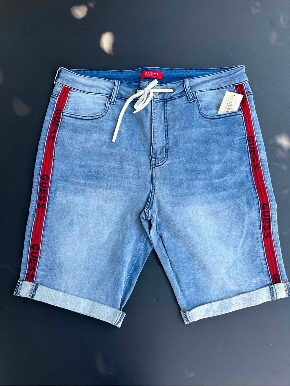 GUESS Light Blue Denim Shorts with Red Logo Side Tape sz 38